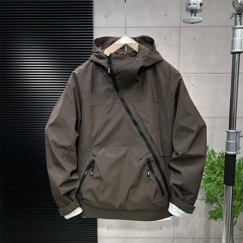 

Весенне-осенняя мужская уличная модная спортивная куртка с наклонной молнией и капюшоном, ветрозащитная рабочая одежда с большим карманом, хлопковая куртка