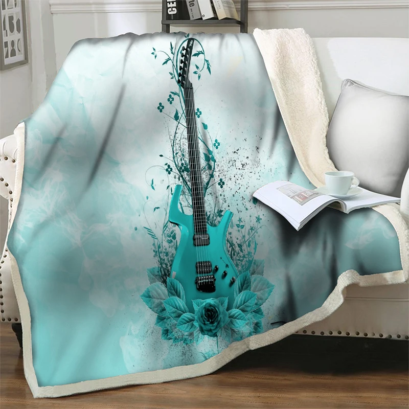 

3D art guitar with flower plush throw blankets for beds sofa chair soft warm home beddings quilt nap cover travel picnic blanket