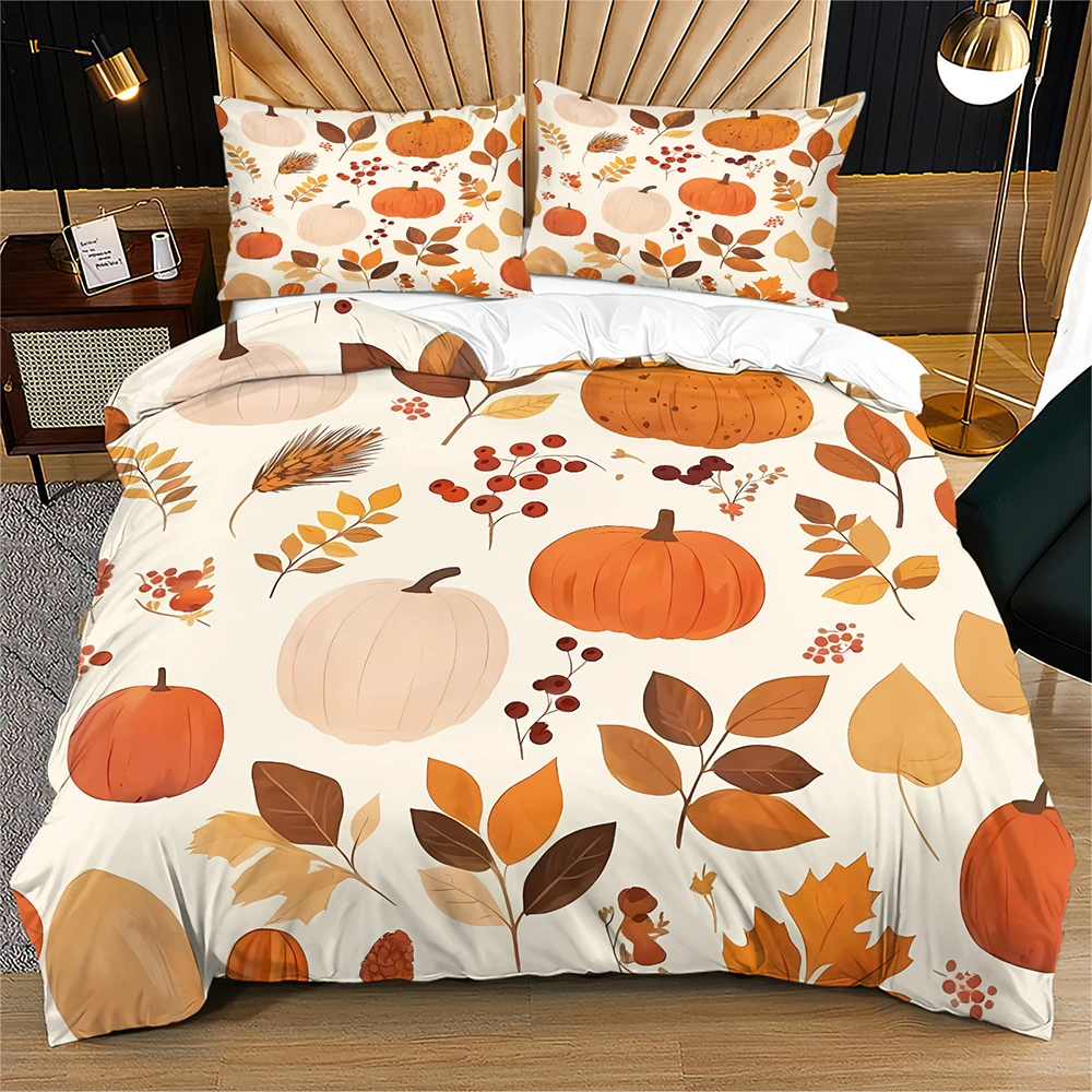 Autumn Pumpkin Duvet Cover Set Fall Maple Leaf Berry Print Bedding Set Harvest Thanksgiving Decor Quilt Cover With Pillowcase