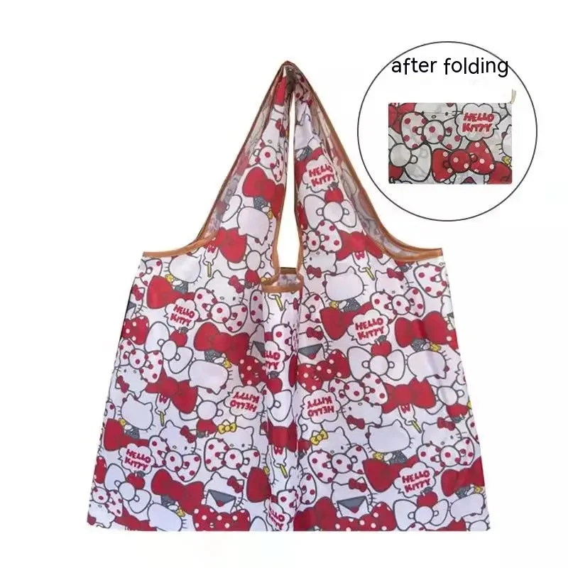 Hello Kitty Large Folding Shopping Bag Polyester Eco Bag Cartoon Shoulder Bag Handbag Outdoor Portable Storage Bag   58cmX40cm