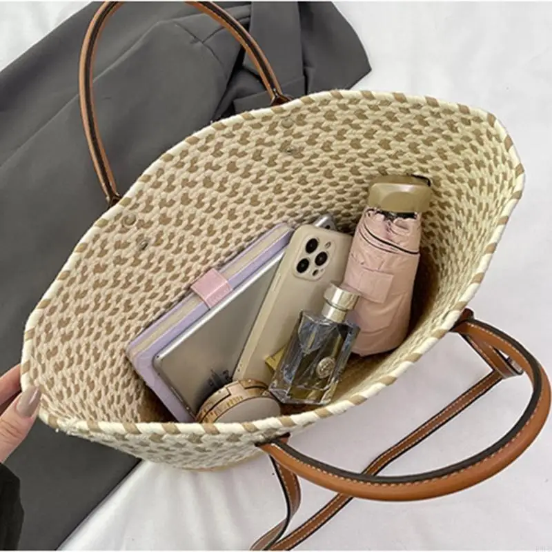 

Повседневная тканая пляжная сумка через плечо с цветными блоками и верхней ручкой для различного использования