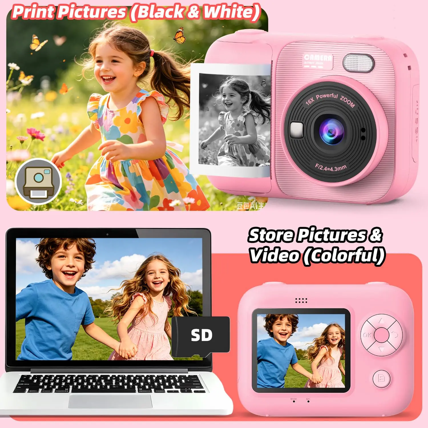 Kids Instant Print Camera 1080P HD Video Recorder Digital Camera Portable Toddler Selfie Camera Christmas Birthday Gifts Toys