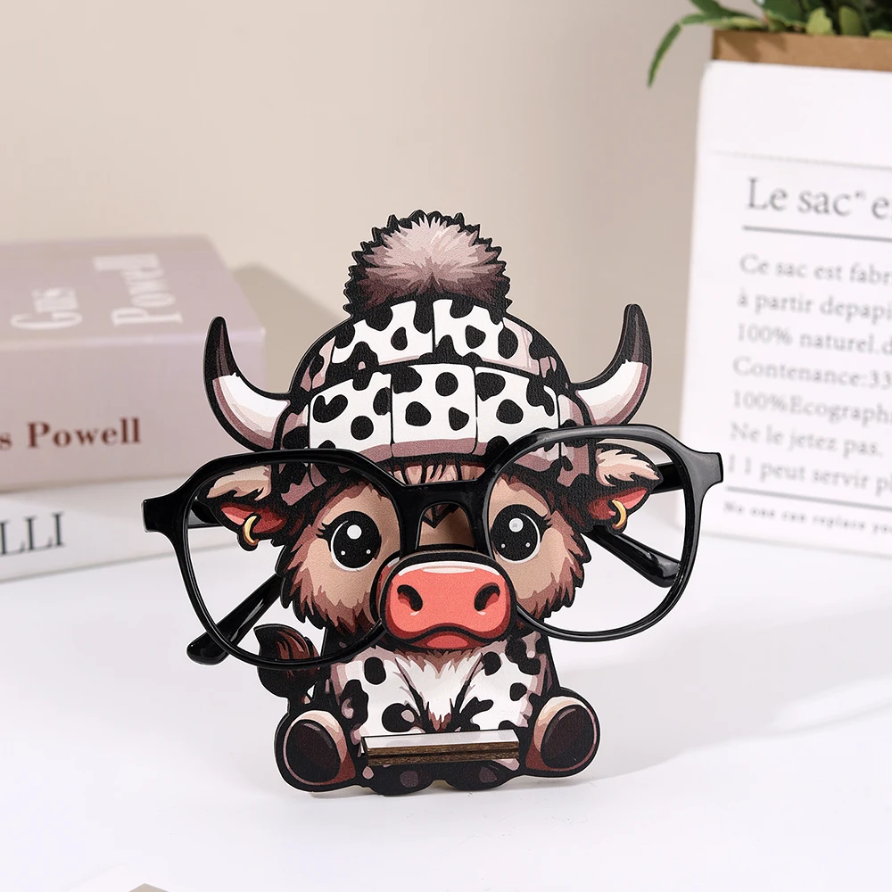 3D Cute Animal Glasses Frame Creative Cartoon Cow Glasses Frame Sunglasses Display Stand Hand Carved Home Wooden Decoration