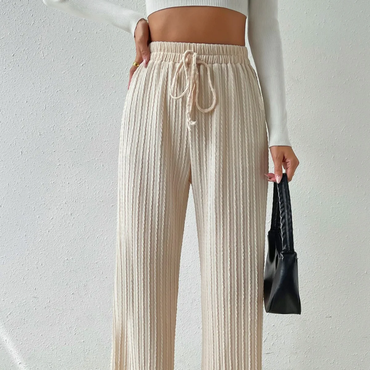 Women's Knitted Wide Leg Elastic High Waist Pants Solid Casual Loose Straight Drawstring Sweatpants Trousers Streetwear