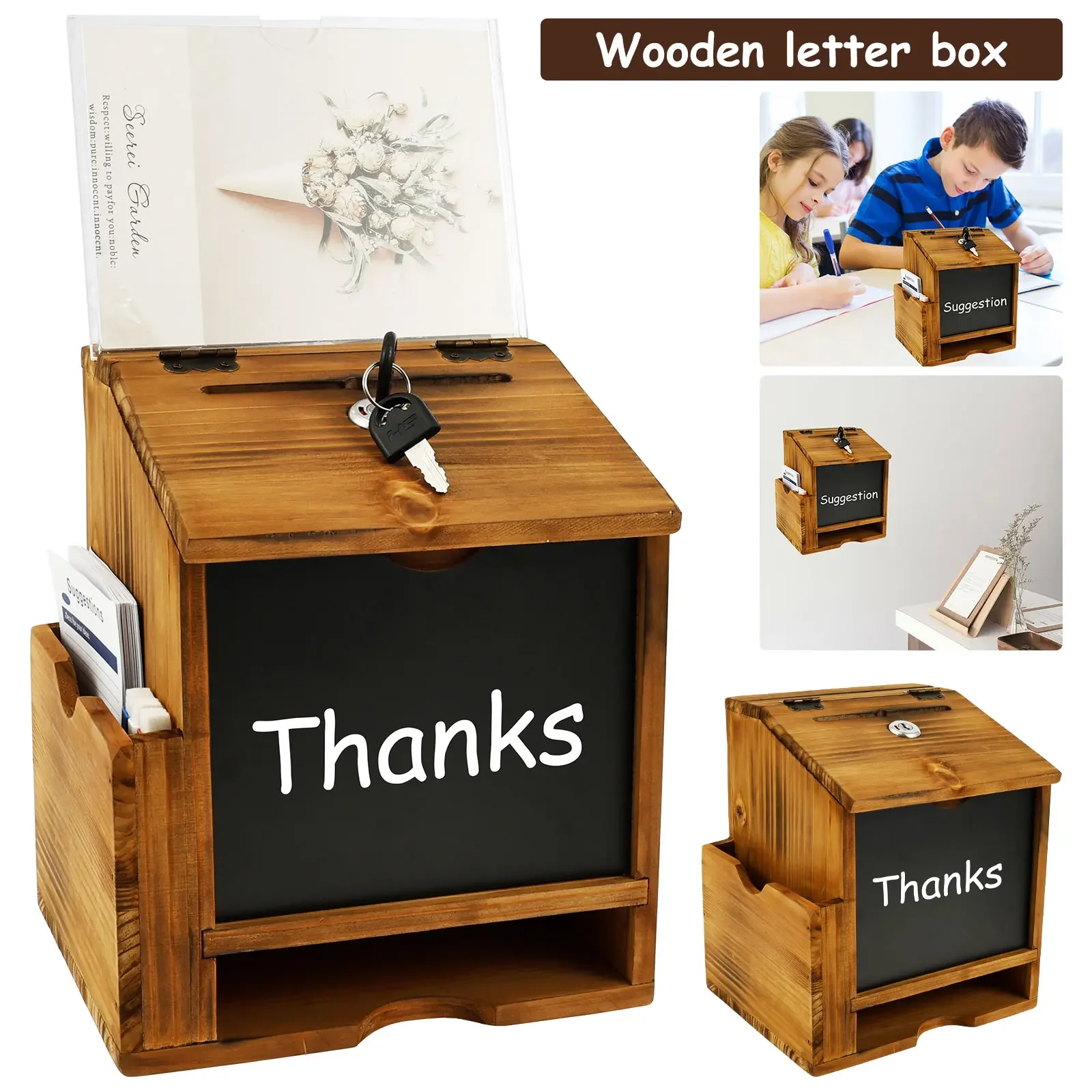 Wood Suggestion Box Wall Mounted/Standing Donation Ballot Message Box with Slot & Lock Chalkboard Collection Box for Home School