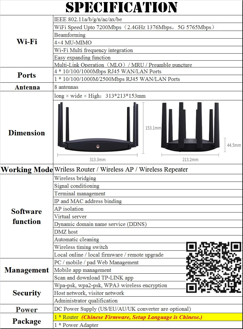 1*2.5G RJ45 WAN/LAN Port, BE7200 7200Mbps WiFi7 Wireless Mesh Router Dual-Frequency Wi-Fi 7 IEEE802.11be, 2.4G 1376M, 5G 5765M