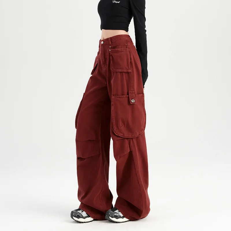 American Ankara red dyed overalls autumn Hong Kong style high waist multi-pocket loose wide legs high waist thin