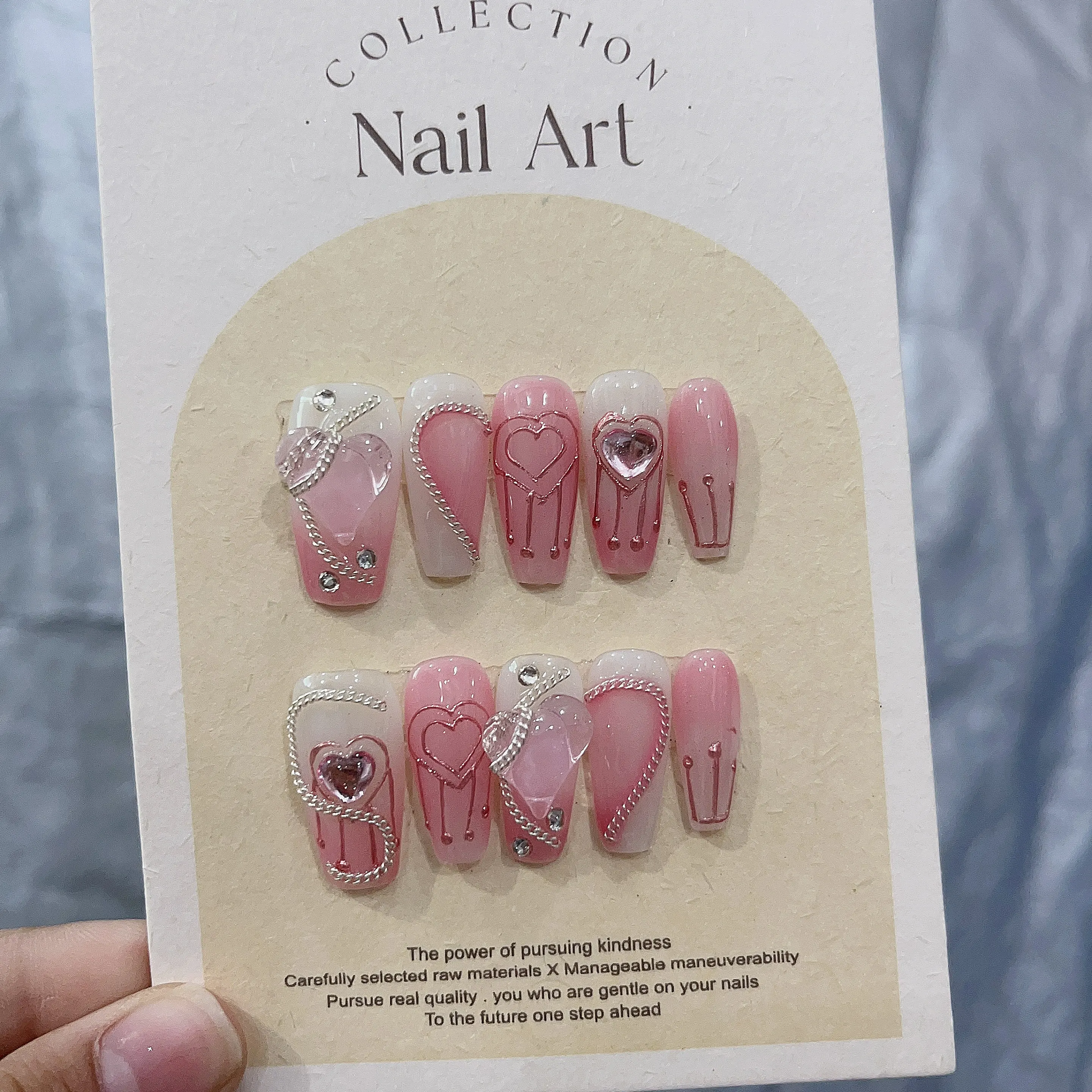 Pink Gradient Press On Nails Set with Ice Crystal,Chain and Hand-painted Heart,Elegant and Lovely In Emmabeauty Store.No.2446