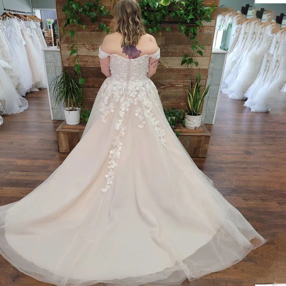 Plus size renda apliques vestido de casamento para mulher tamanho grande fora do ombro rendas até volta espartilho uma linha tule organza robe