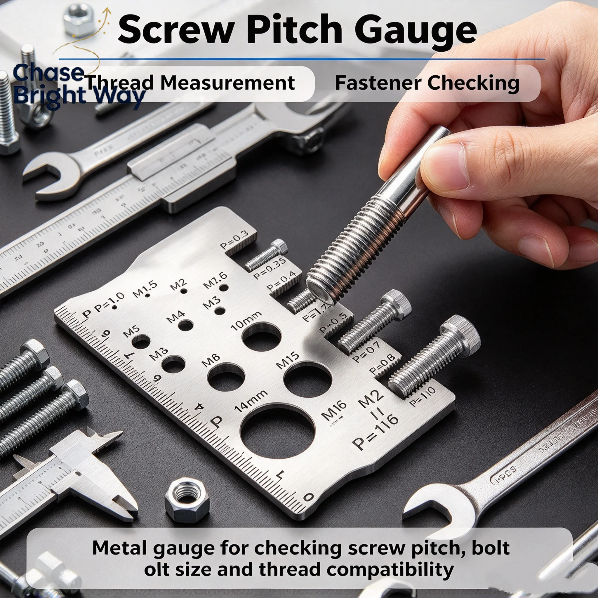 Multifunctional Screw Measuring Gauge Portable 304 Stainless Steel Screw Measuring Gauge M12 Screw Diameter And Pitch Gauge