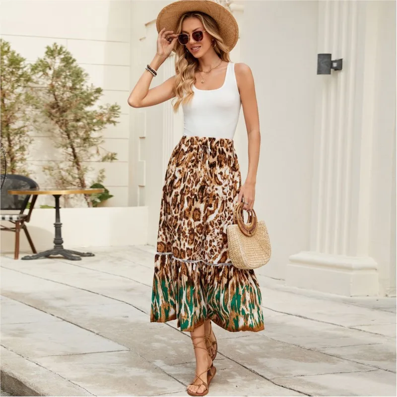 Leopard Print Elastic Waist Bohemian Beach Vacation Half Skirt For Women Artistic Retro Positioning Flower Element A-line Skirt