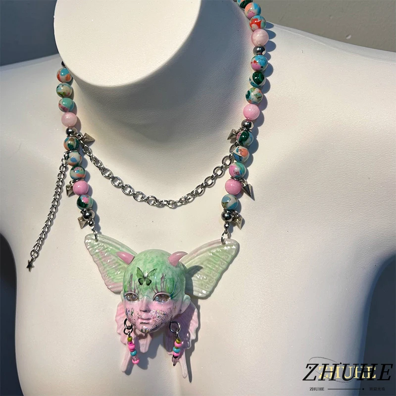 

New Chinese-style Butterfly Baby Head Y2k Sweet And Cool Beaded Necklace Subculture Dopamine Accessories