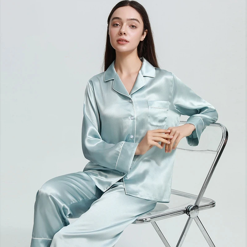 22MM 100% Mulberry Silk Women's Two-Piece Pajamas Long-Sleeved Trousers Nightwear Spring And Autumn Christmas Pajama Homewear PJ
