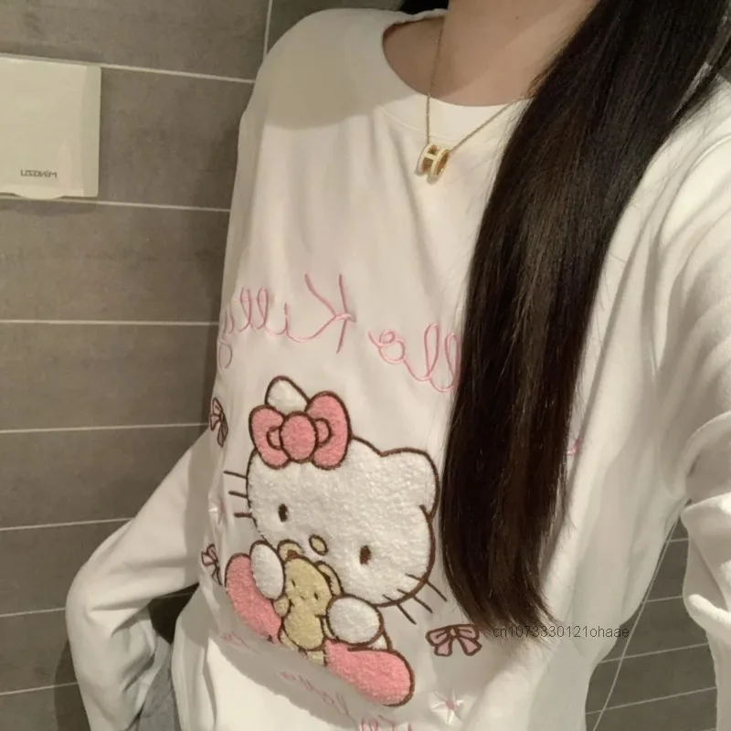 Sanrio Hello Kitty White Round Neck Long Sleeved T-shirt Korean Version Simple Design Versatile Tees Women Autumn New Trend Top