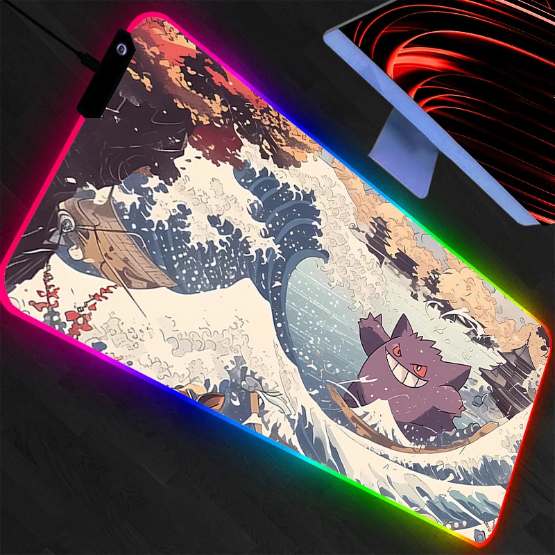 

Большой коврик для мыши с изображением покемона Пикачу, RGB-подсветка, для ноутбука, ПК, геймеров, клавиатуры, XXL, с LED-подсветкой по краю, белый, резиновый коврик для стола
