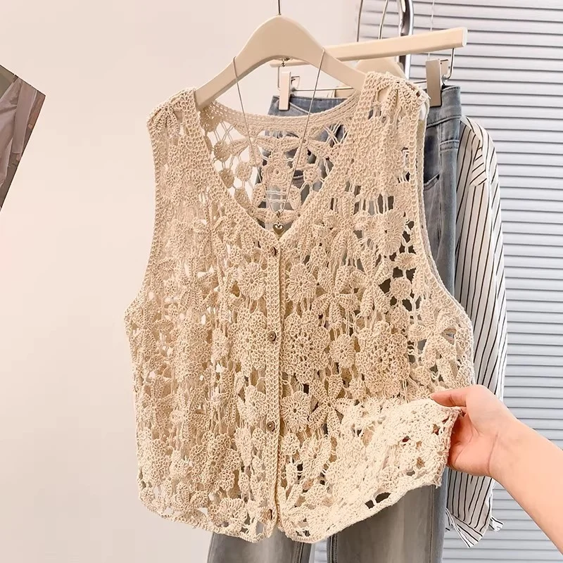 Summer New French Hollow Hook Flower Bohemian Travel Photography Versatile Beach Cover Up Top Outerwear j393