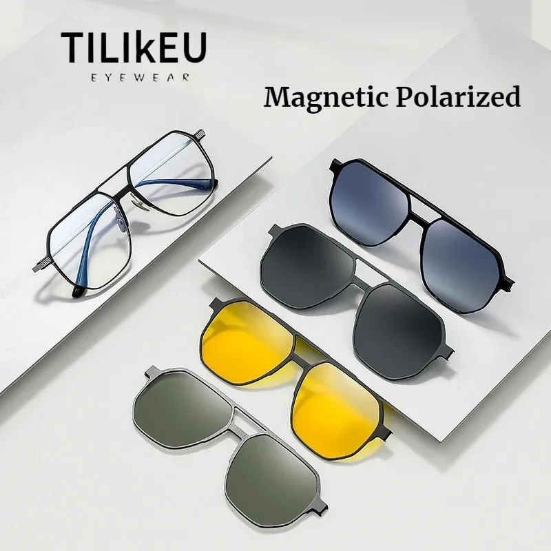 

Top Quality Pure Titanium Aviator Large Frame Magnetic Eyeglasses for Men Myopia Driving Night Vision Polarized Sunglasses UV400