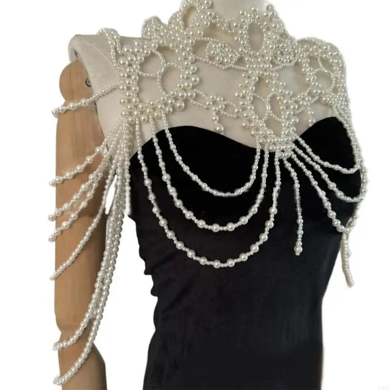 

L5YC Multi Strand Pearls and Metal Chain Shawl Necklace Adjustable Chest Chain Jewelry for Stylish Women at Any Occasion