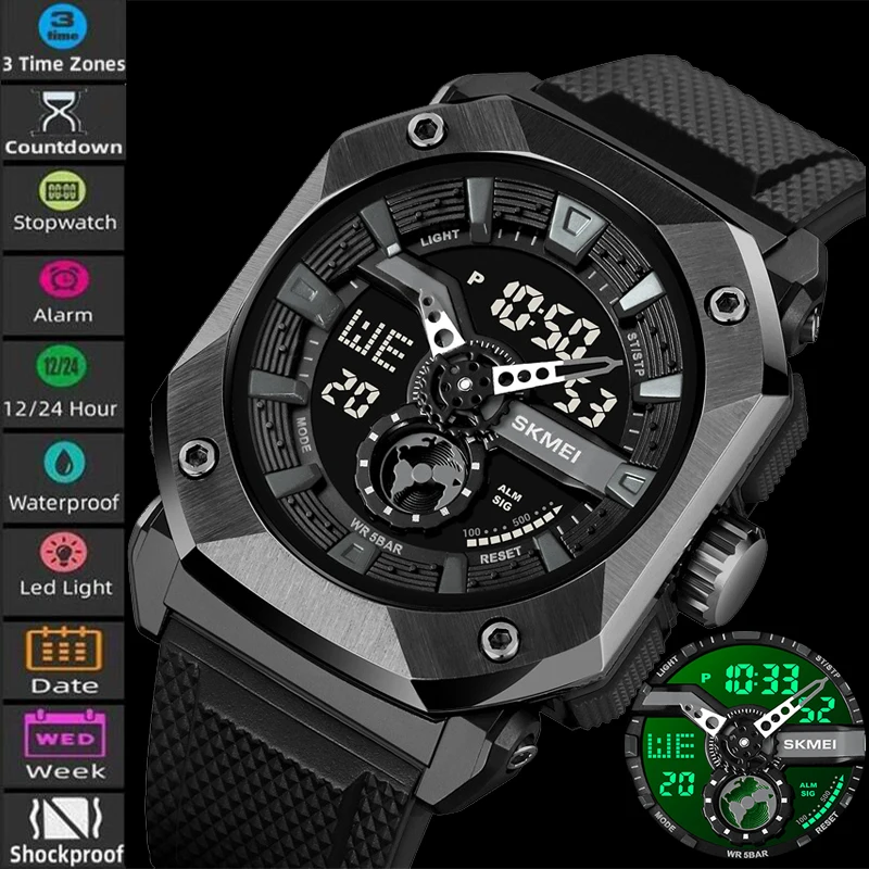 Skmei Digital Analog Display Mens Sports Watches Three Time Zone LED Light Alarm Clock Quartz Waterproof Electronical Wristwatch