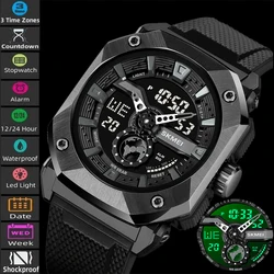 Skmei Digital Analog Display Mens Sports Watches Three Time Zone LED Light Alarm Clock Quartz Waterproof Electronical Wristwatch