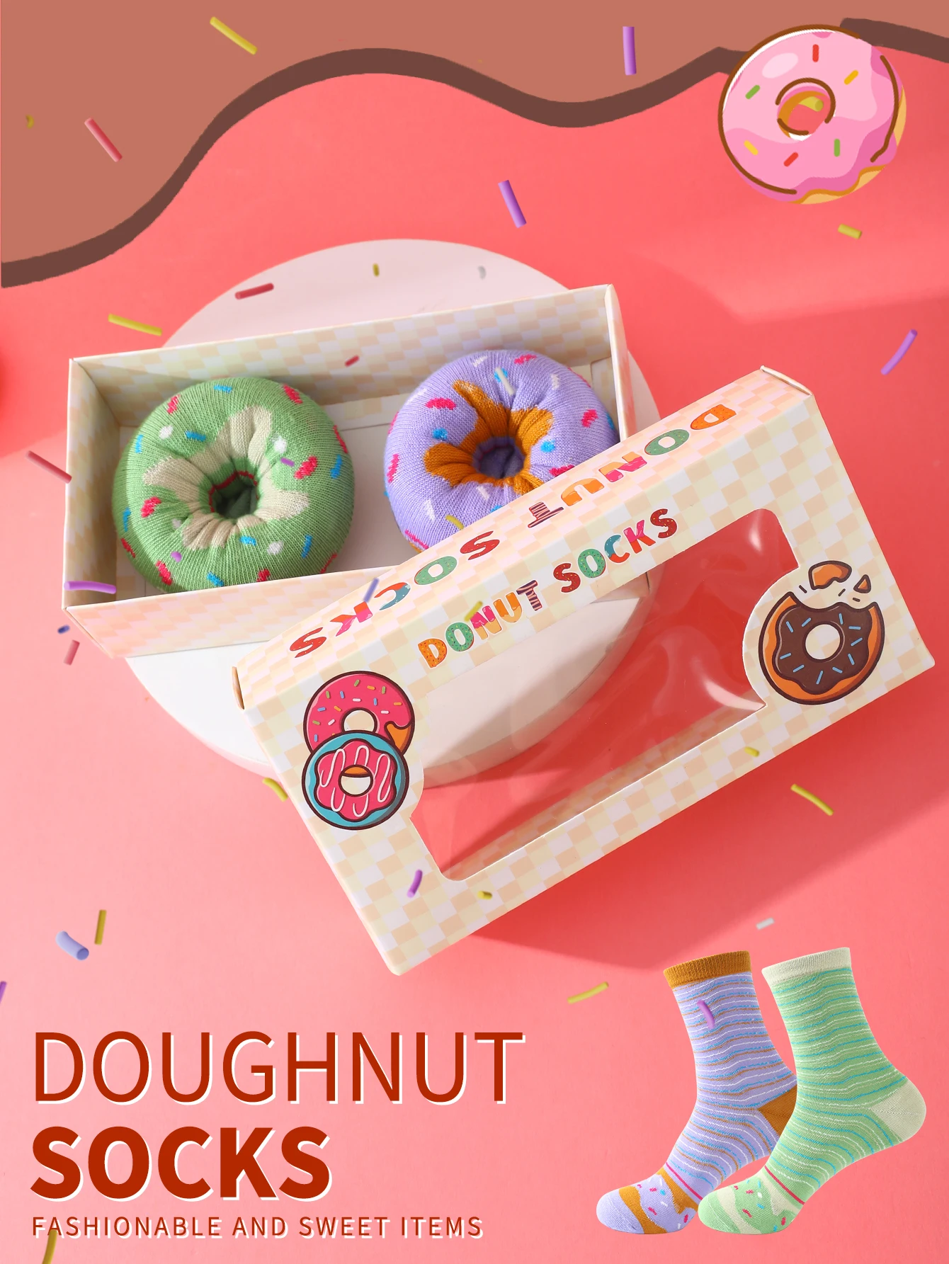 ถุงเท้า unisex กลางน่อง 2 คู่ในรูปโดนัทแสนหวาน นวนิยายและของขวัญวันหยุดแสนสนุกที่สร้างสรรค์