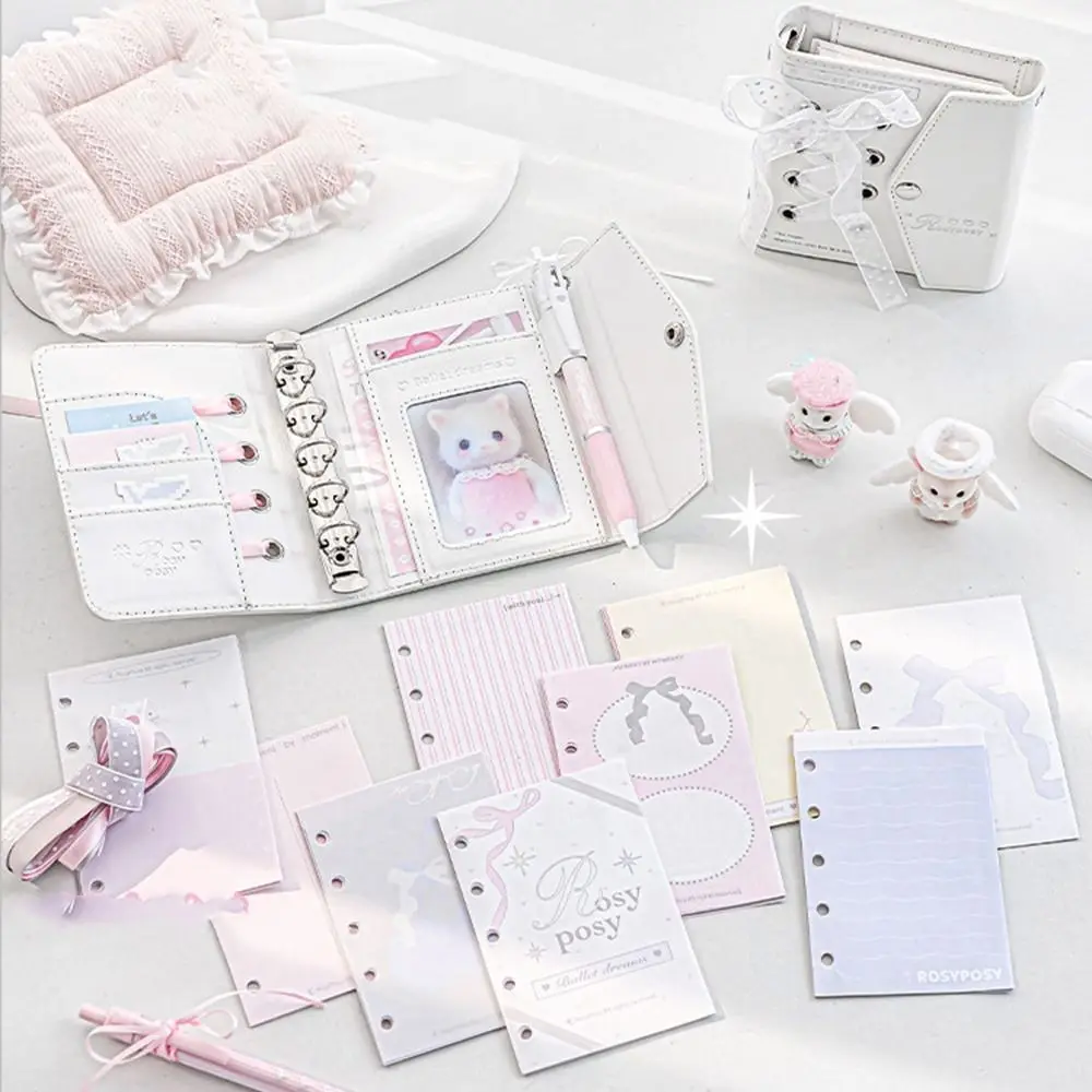 Note Paper Ribbon Loose-leaf Notebook PU Leahter Portable Hand Account Book Aesthetic Cute Hand Ledger Studnet