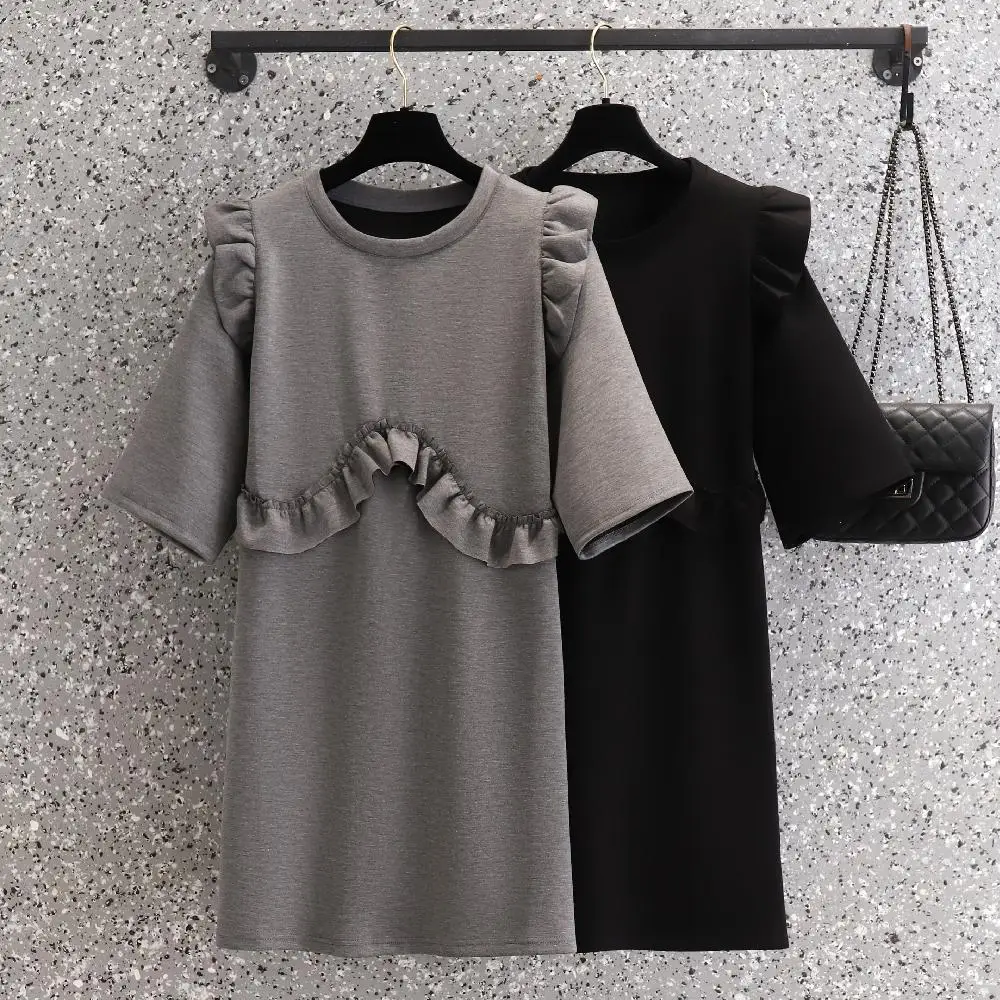 

MissLymi L-4XL Big Size Women Summer Casual Dresses 2023 New Fashion Short Sleeve Cute Ruffle Patchwork Classic Loose Dress