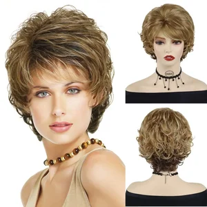 GNIMEGIL Synthetic Blonde Wig with Bangs Short Wig for Women Natural Fluffy Curly Hair Heat Resistant Mommy Ladies Wig Cosplay
