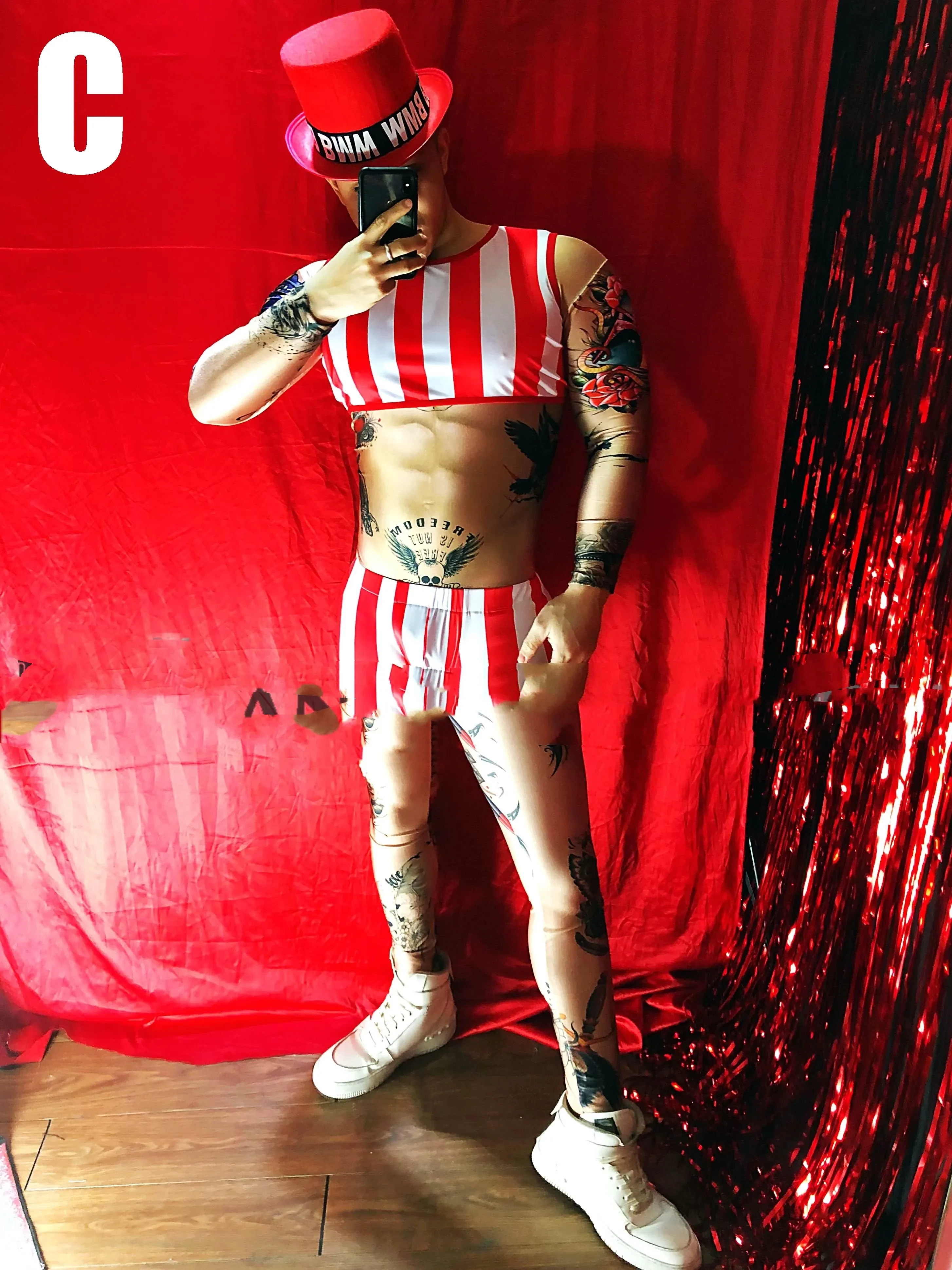 GOGO New Year Christmas red and white striped jazz team costume Bar and nightclub male singer DJ DS clothing