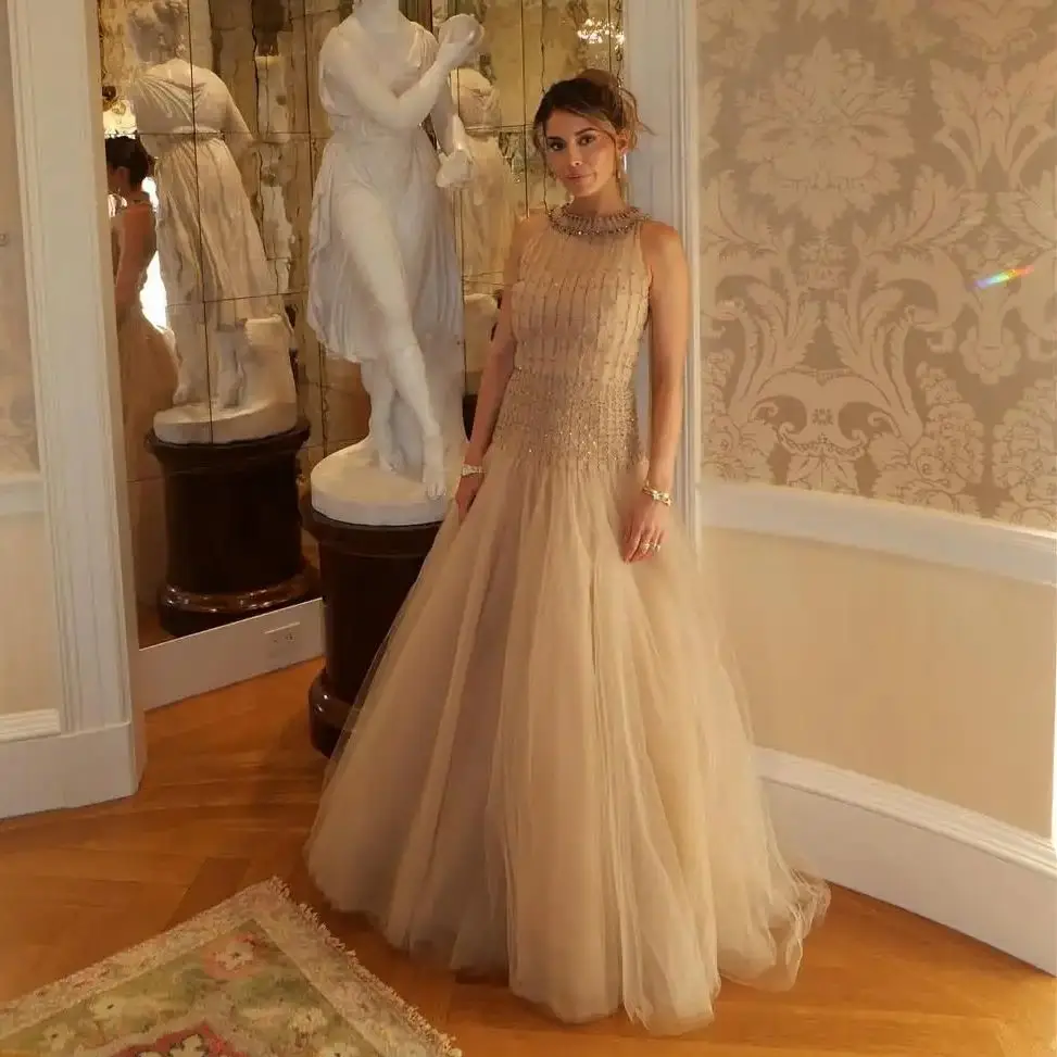 

Ofherown A-Line Bead Tulle Evening Dress High Neck Sleeveless Formal Prom Gown Elegant Wedding Guest Dress for Women Customzied