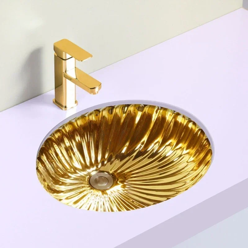 Golden Basin Table Counter Gold Plated Ceramic Top Washbasin Luxury Round Golden Art Basin Wash Hand Modern,under Counter Sinks