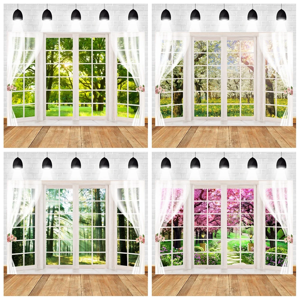 

Spring Forest Window Scene Backdrops for Photography White Windowsill Curtain Room Wall Decor Background Photocall Photo Studio