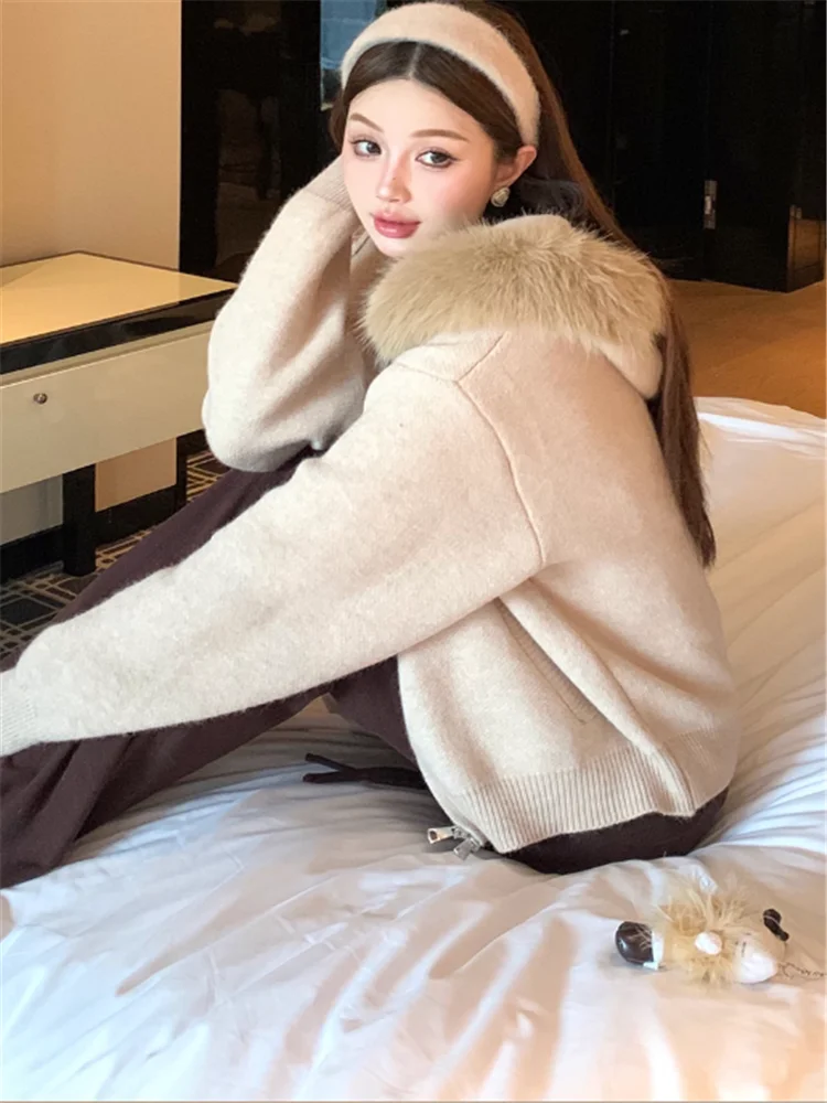 Mink velo pele do falso com capuz cáqui camisola curta para as mulheres nova moda outono chique malha cardigan topo manga longa zíper malhas