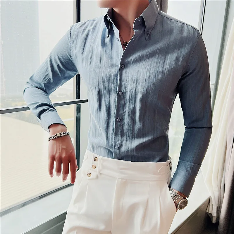 High Quality Striped Shirt for Men Large Lapel Casual Business Dress Shirt Fashion Long Sleeve Slim Social Party Tuxedo Blouse