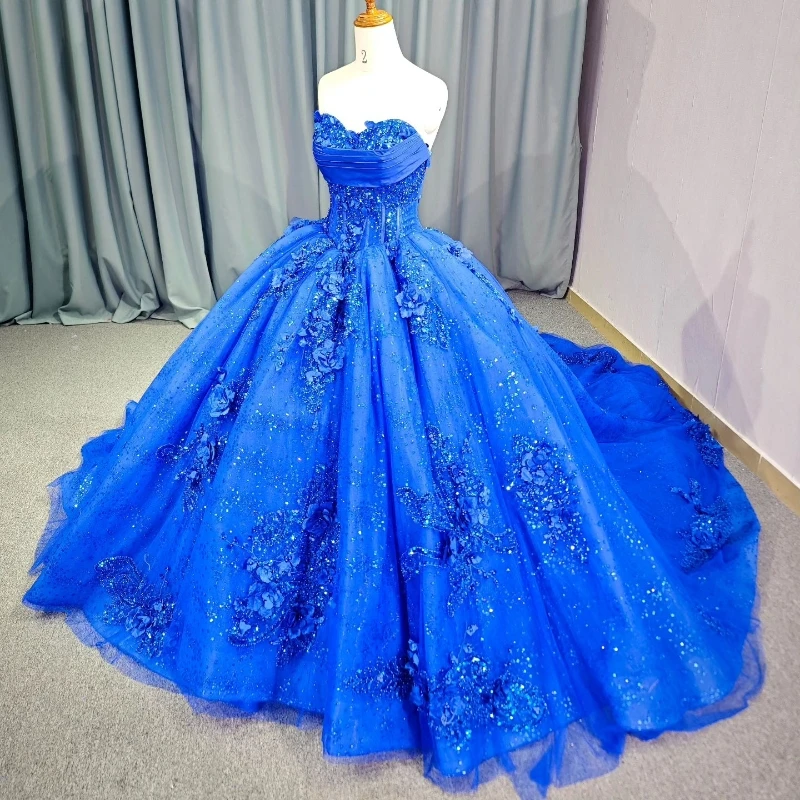 

Royal Blue Shiny Ball Gown Quinceanera Dresses Sequined Applique Lace Flower Beads Tull Vestidos De 15 Anos Birthday Party Dress