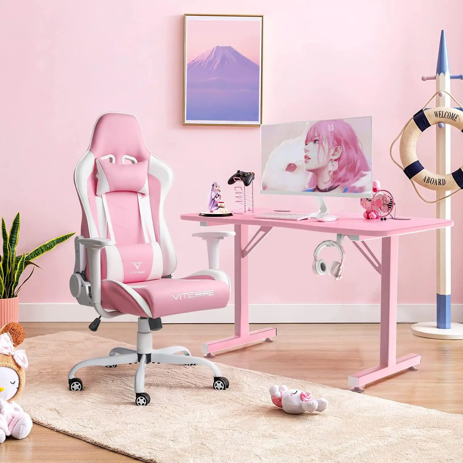 สีชมพูน่ารัก Kawaii Gaming เก้าอี้สําหรับสาว Ergonomic โต๊ะ Racing Office ปรับสูงกลับเกมหมุนเก้าอี้หนัง L