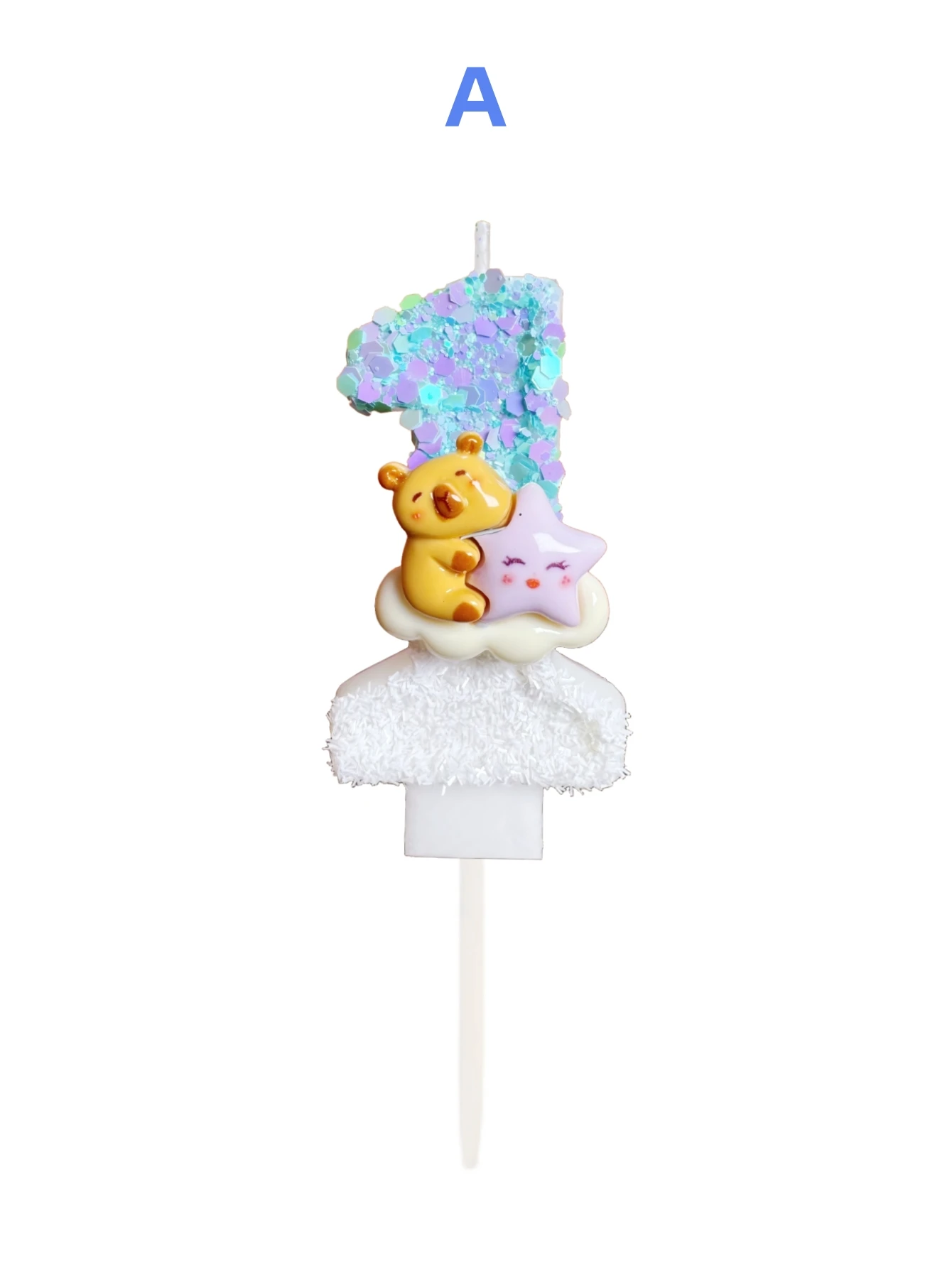 Macaron blue-purple Pebala is holding a purple star-decorated number candle, a holiday and commemoration day candle