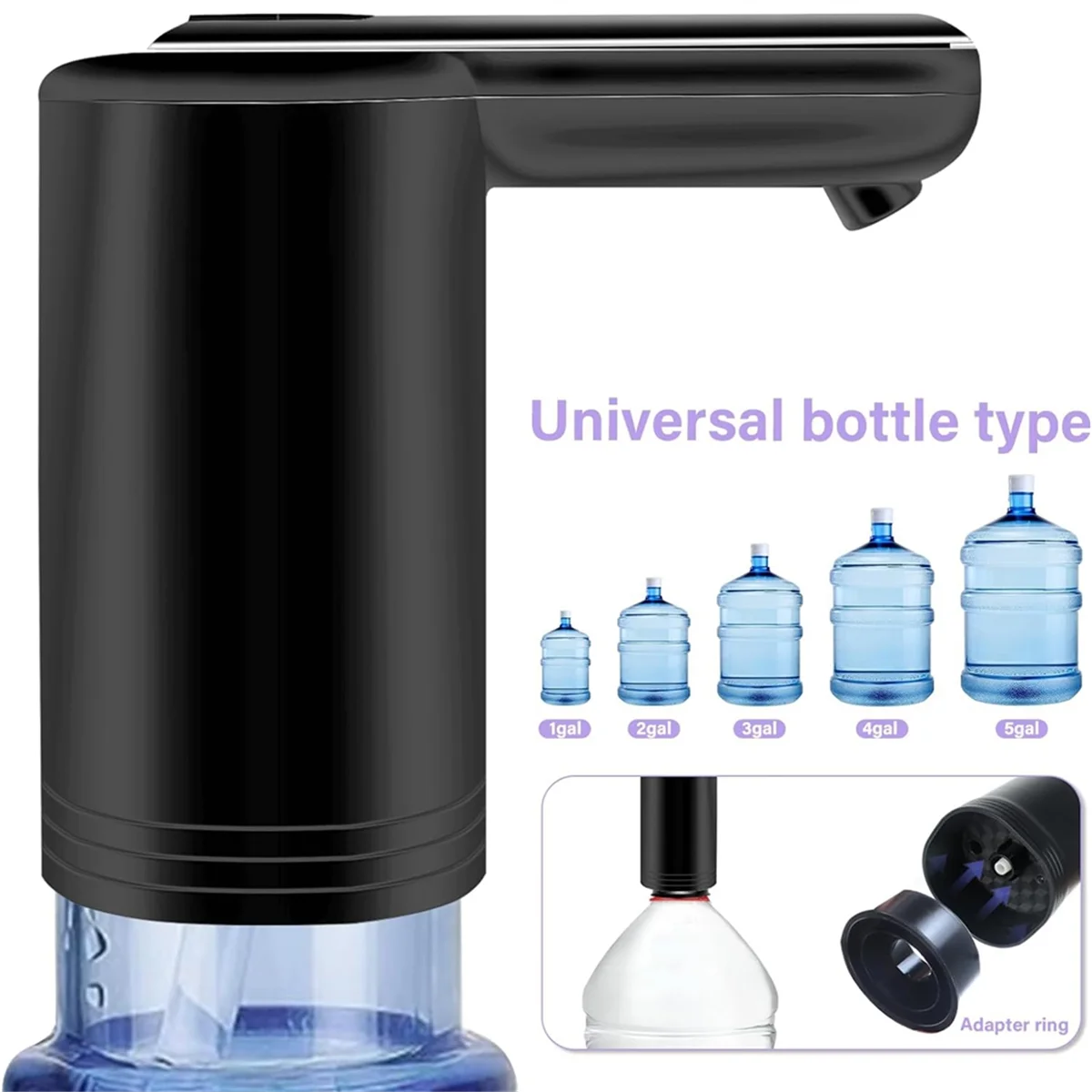 Water Dispenser for 5 Gallon Bottle, Universal 2-Motor Faster Pumping Water Pump, Portable USB Charging Black