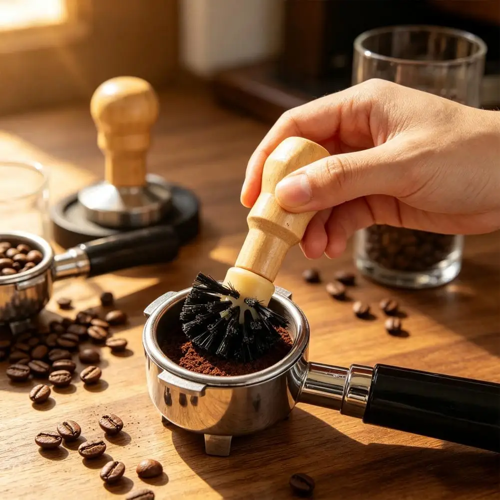 Espresso Machine Brush Coffee Powder Bowl Cleaner Coffee Machine Portafilter Basket Brush with Soft Bristles Wood Handle