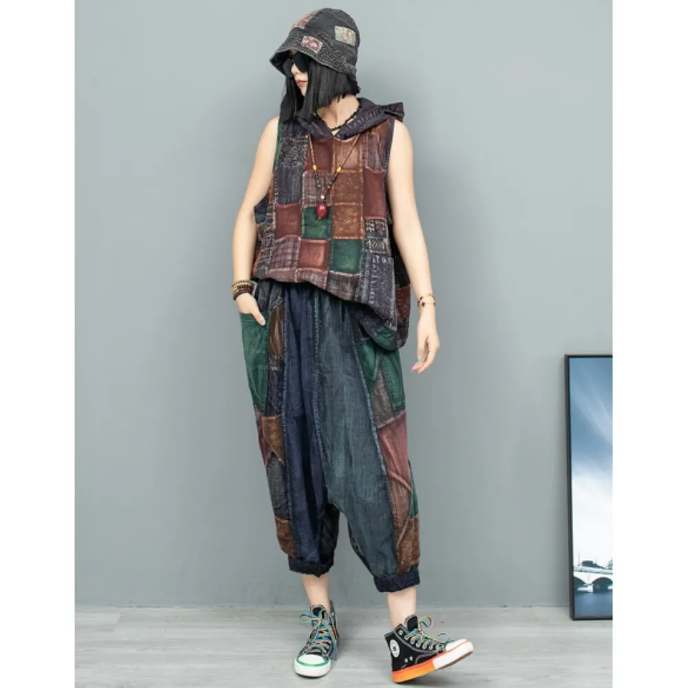 

Distressed Fabric Splicing Hooded Sleeveless Vest + Pants Two-piece Set Women 2024 Autumn Fashion Matching Set Outfit ZF284