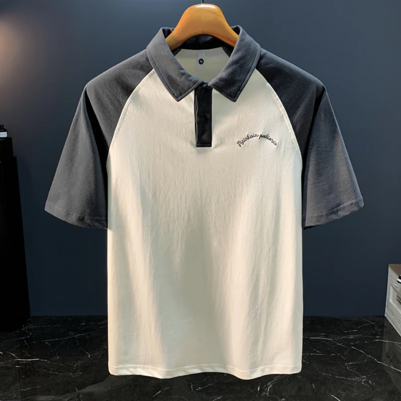

Summer thin patchwork contrasting short sleeved polo shirt men's embroidered loose and versatile lapel short sleeved T-shirt