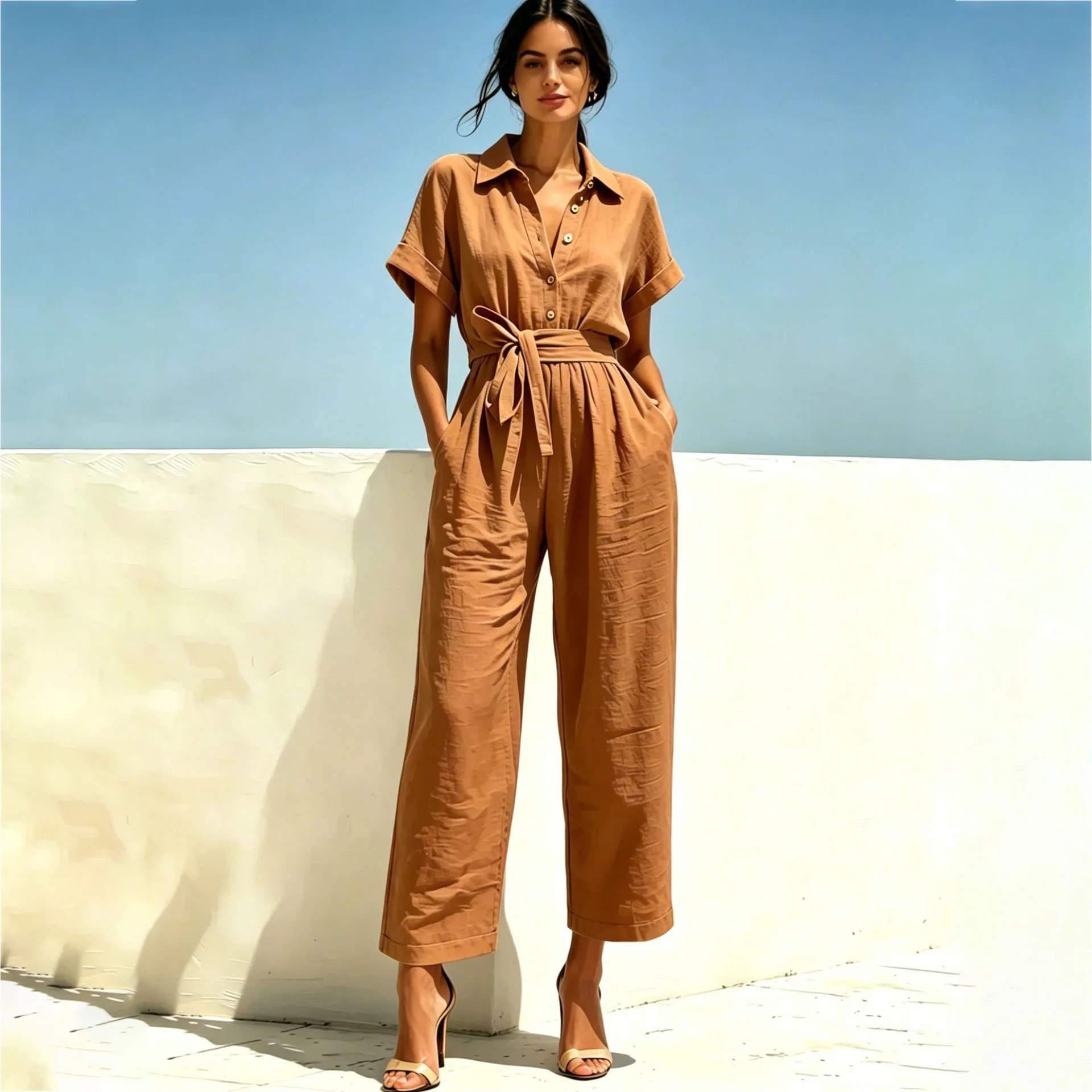 

2026 Women's Shirts And Jumpsuits Fashion V-neck Lace Up Wide Legs Summer Casual Resort Female Short Sleeve Rompers Shirts Pants