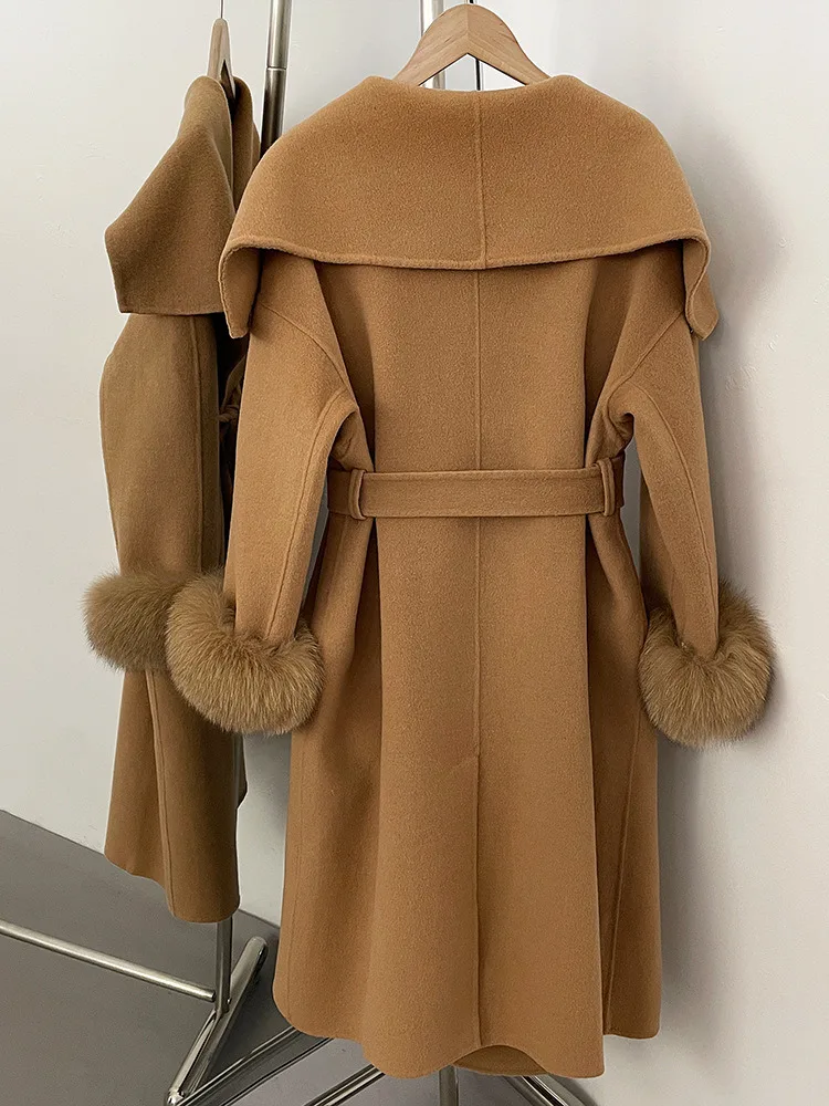 معطف نسائي أنيق من مزيج الصوف من ZMEENNA مع ياقة شلال وحزام ربط قابل للفصل وأصفاد من الفرو ملابس خارجية شتوية ZM4711