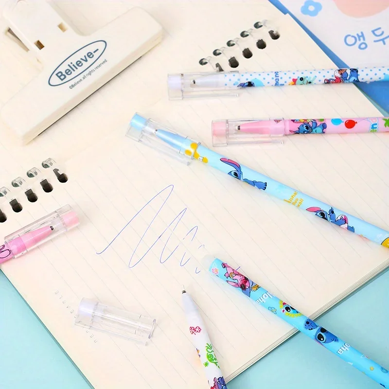 12pcs Cute Cartoon Stitch Erasable Pen Cartoon Cap Pull Pen Creative Student Stationery Black 0.5 Holiday Birthday Gift