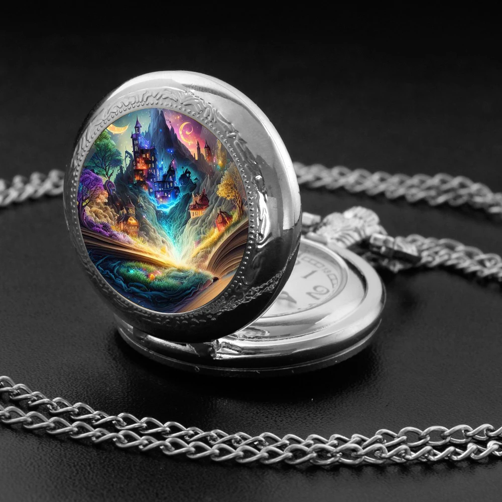 Retro Exquisite Magic Book Castle Design Medium Pocket Watch Necklace Kids Birthday Gift Pocket Watch Pendant Fashionable