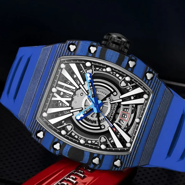 

HANBORO Мужские автоматические часы Механические наручные часы Светящийся корпус из углеродного волокна Водонепроницаемый скелетонизированный циферблат Miyota 8215