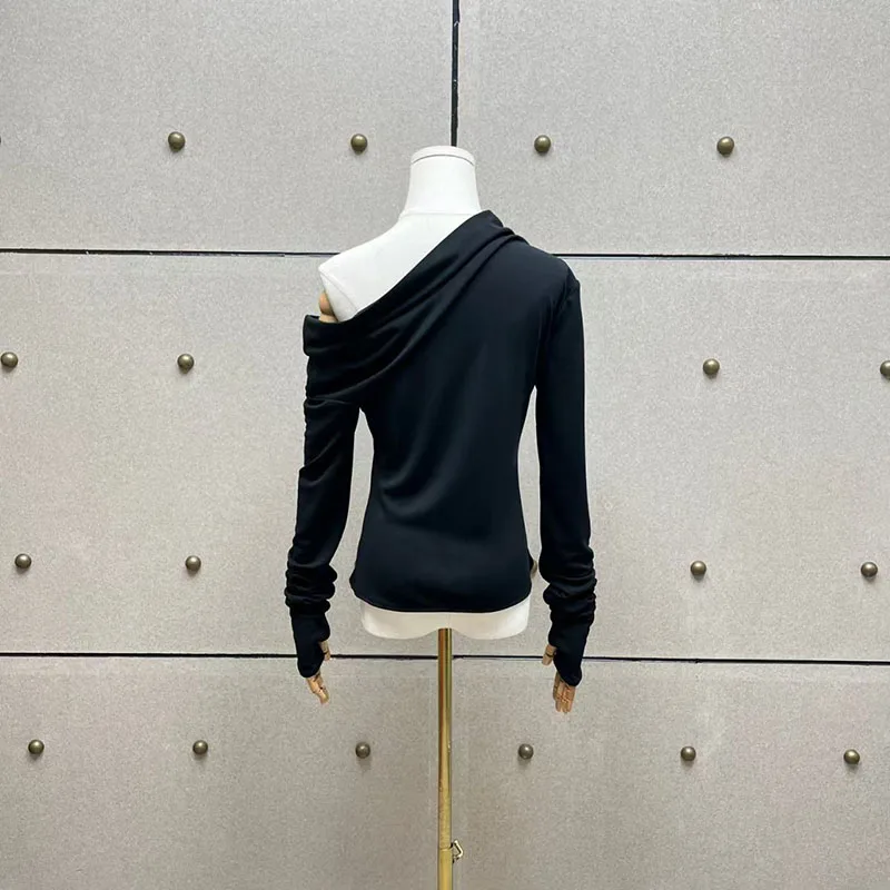 2026, New Style, Women's Ruffled Long-Sleeved Bodycon T-Shirt, Slant Collar Top, High-Quality Pullover, Y2K, Base Layer Shirt