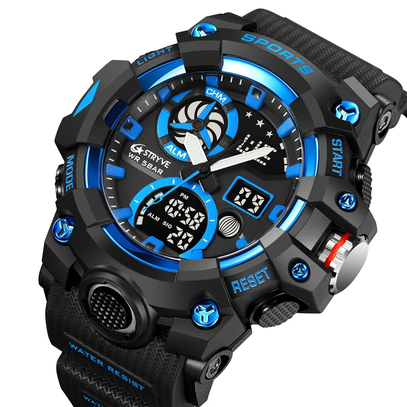 STRYVE Top Brand Electronic Watch For Men Outdoor Sports Waterproof Dual Time Display Quartz Wristwatches Rubber reloj hombre