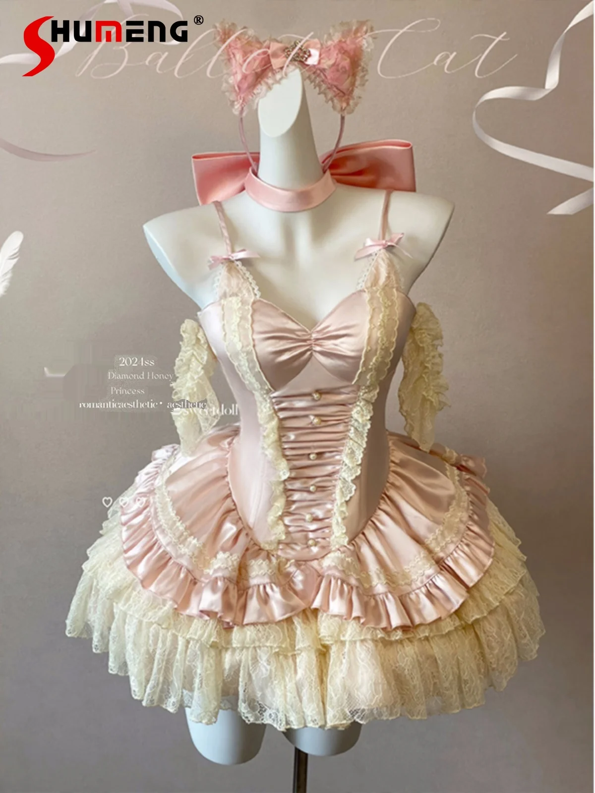 Pink Lolita Princess Dress Women's Exquisite Romantic Slim Fit Lace Stitching V-neck Sexy Mini Dress Lady Elegant Summer Dress