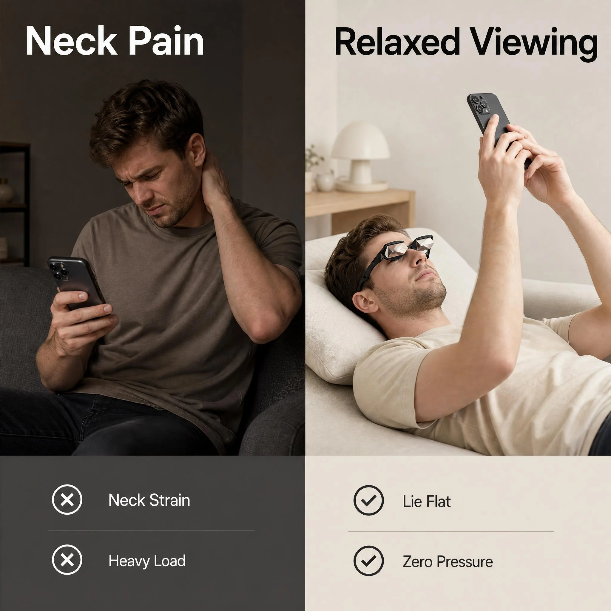Lazy Prism Refraction Glasses, Lightweight Horizontal Lie Down Eyeglasses for Bed Reading Watching Phone TV
